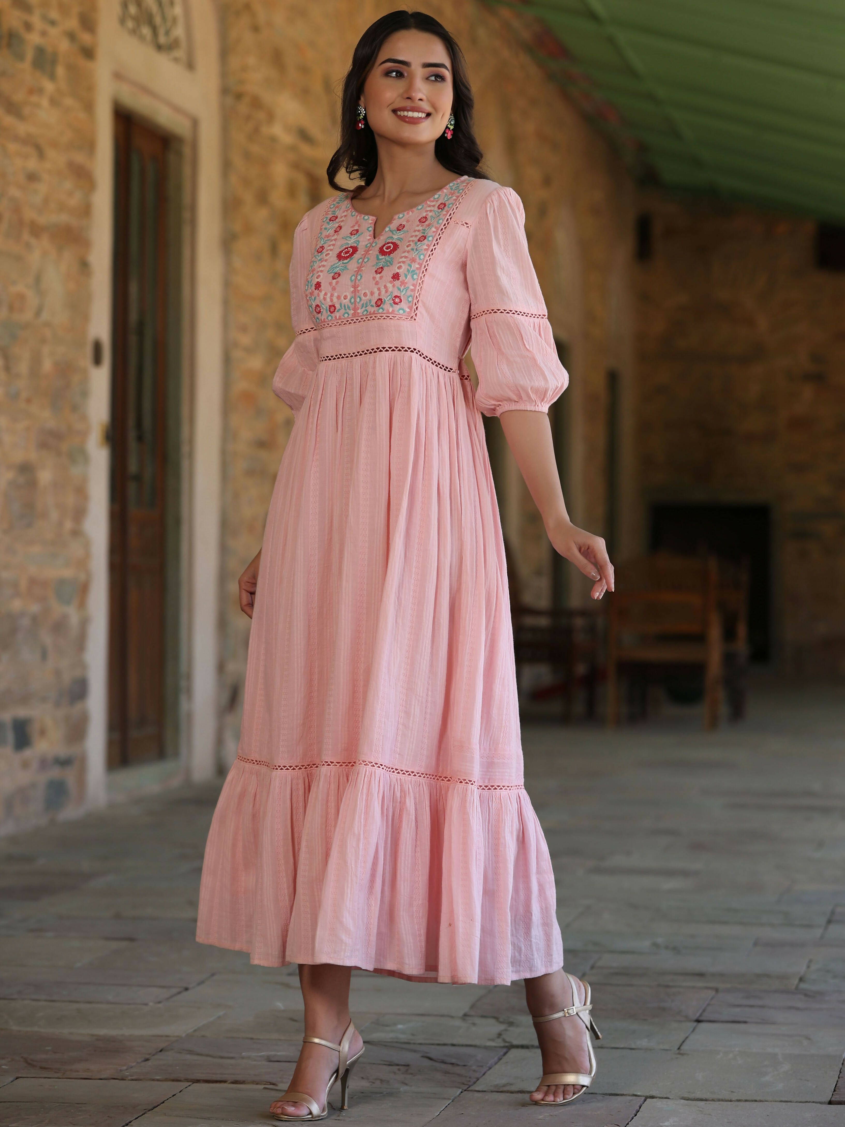 Juniper Women's Pink Cotton Dobby Embroidered Flared Dress - Distacart
