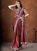 Dark Brown Crepe Satin Silk Embroidered Saree with stitched Blouse - Mohmanthan Saha Saki