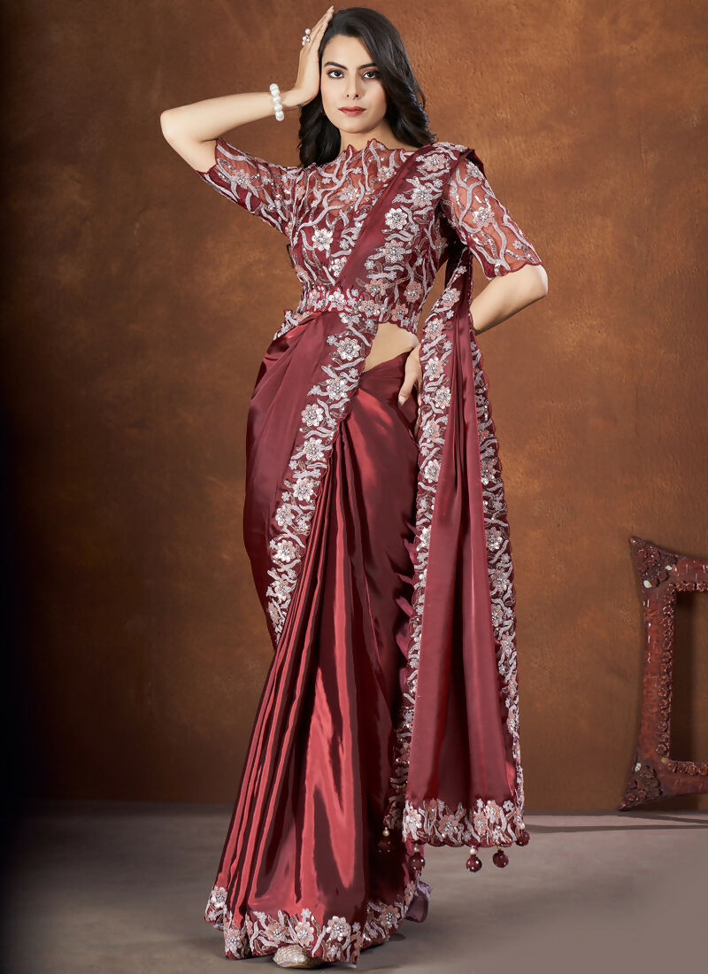 Dark Brown Crepe Satin Silk Embroidered Saree with stitched Blouse - Mohmanthan Saha Saki