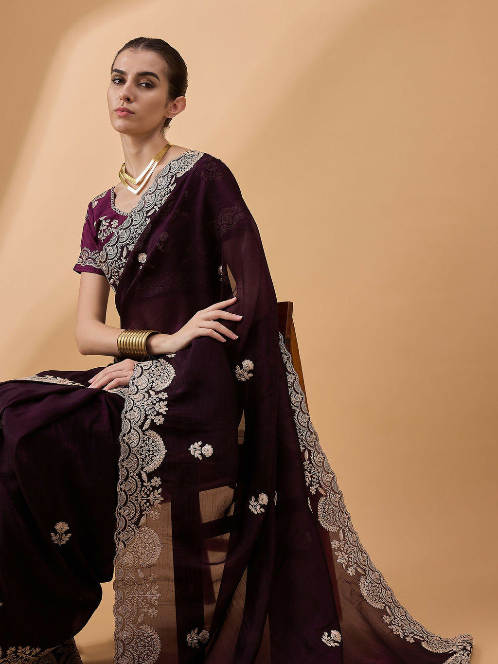 Purple Silk Embroidered Saree with Unstitched Blouse Piece - Satya