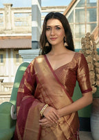 Delightful Designer Maroon Color Organza Silk Saree With Weaving Work - Yomika Fashions