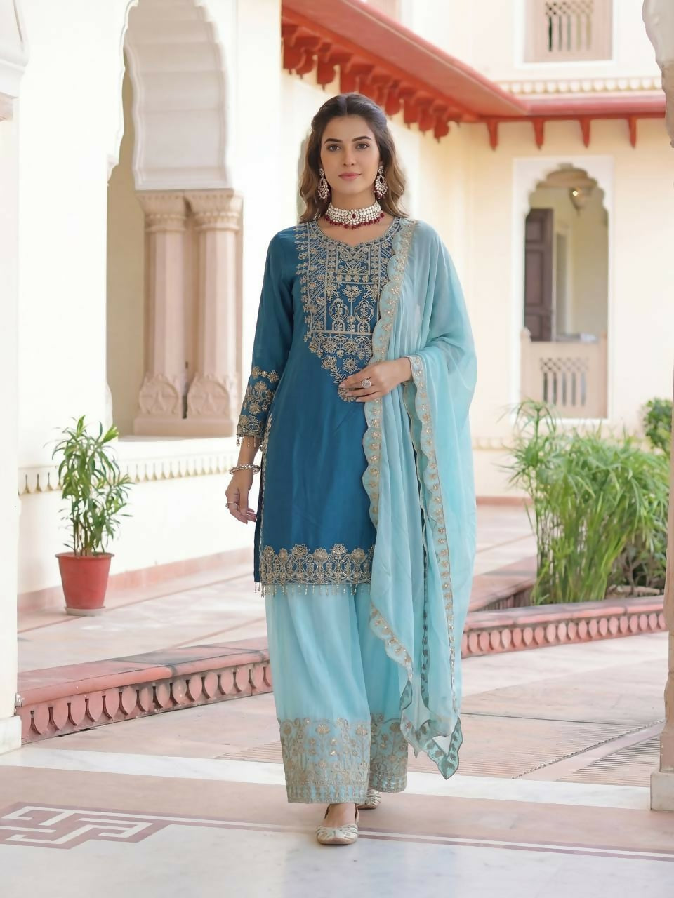 Joban Fashion Blue Silk Embroidered Sharara Set - Distacart