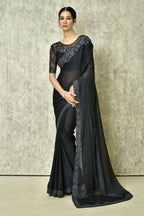 Black Silk Solid Designer Saree with Blouse - Purvi