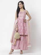 Myshka Women Peach Cotton Blend Printed Sleeveless Shoulder Straps Kurta With Sharara & Dupatta Set