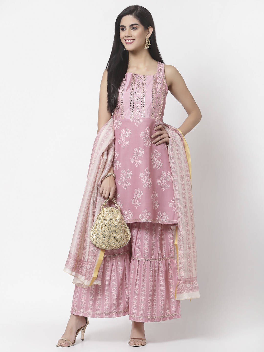 Myshka Women Peach Cotton Blend Printed Sleeveless Shoulder Straps Kurta With Sharara & Dupatta Set