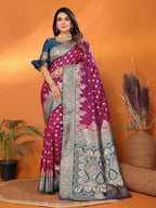 Joban Fashion Banarasi Magenta Woven Soft Silk Saree - Distacart