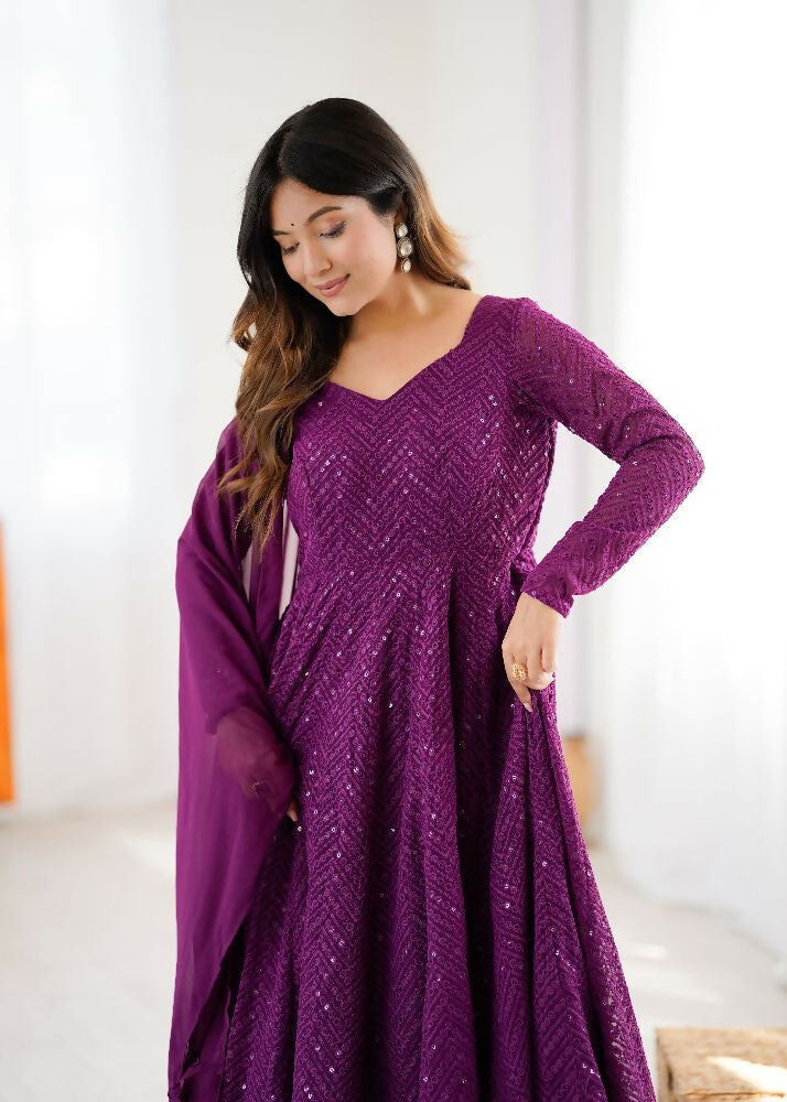 Joban Fashion Wine Kurta Set Georgette Sequence Embroidery Work - Distacart