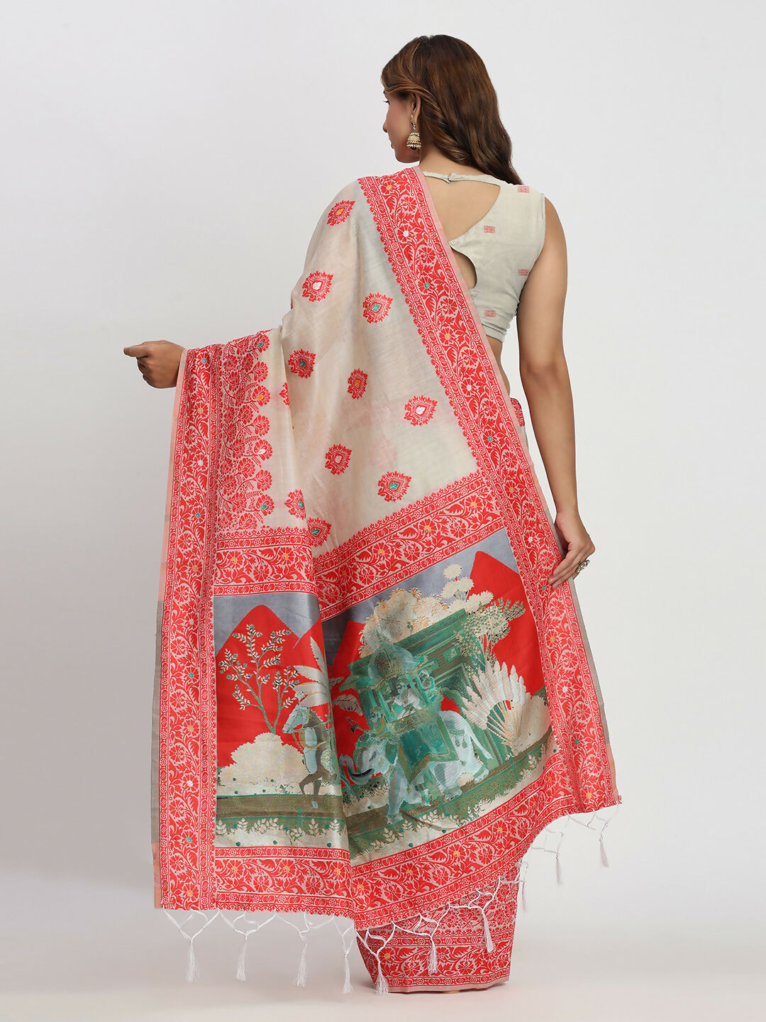Shree Shyam Fashion Linen Cotton Cream & Red Saree - Distacart