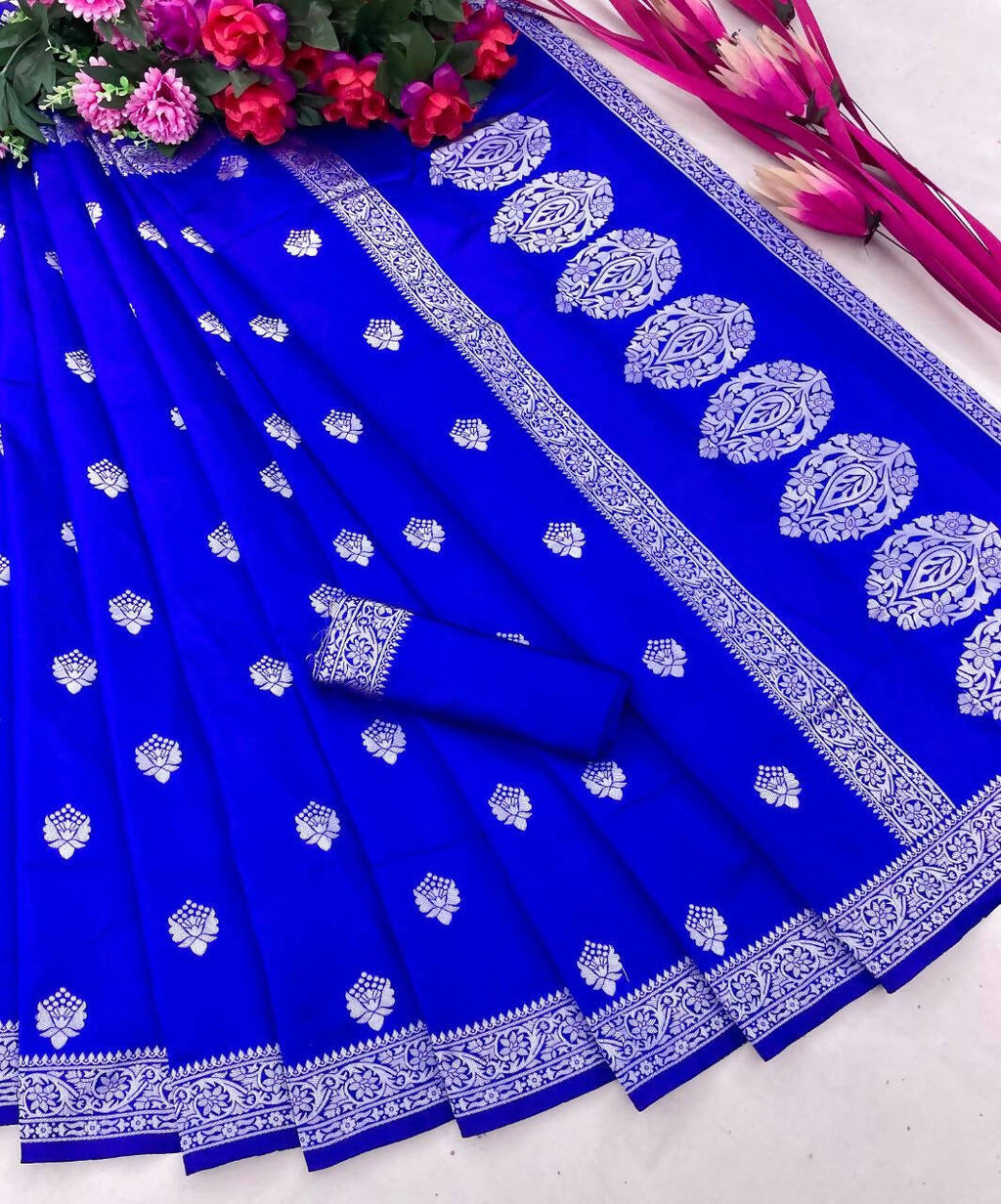 DEIANA'S Beautiful Designer Golden zari Soft Lichi Silk Saree - Royal Blue