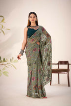 Vastranavya Mehendi Lurex Brasso Floral Printed Saree with Unstitched Blouse - Distacart