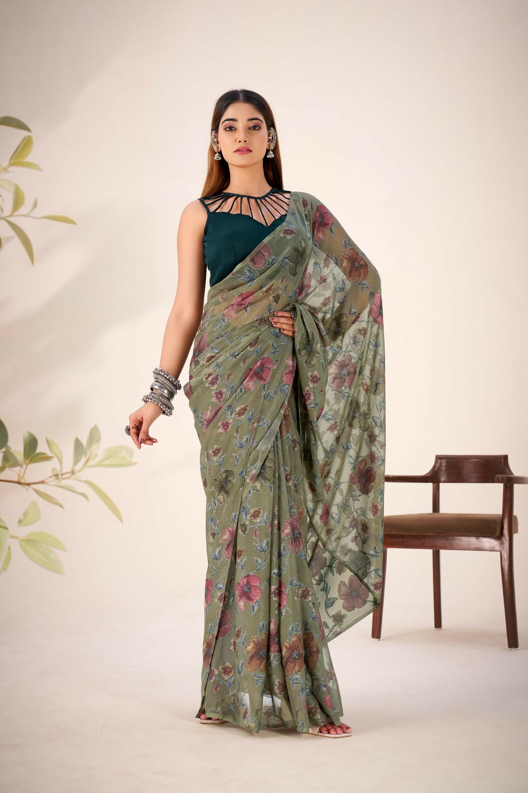 Vastranavya Mehendi Lurex Brasso Floral Printed Saree with Unstitched Blouse - Distacart
