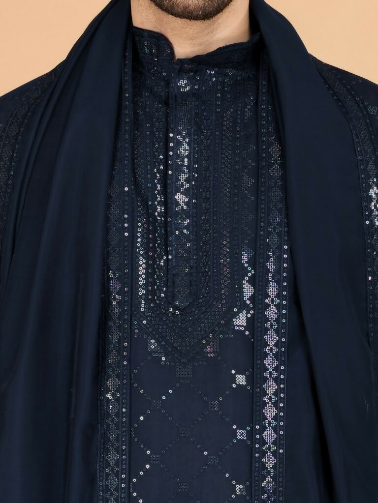 Vastranavya Navy Blue Exclusive Festival Wear Viscose Silk Thread & Sequence Embroidered Work Kurta with Dupatta