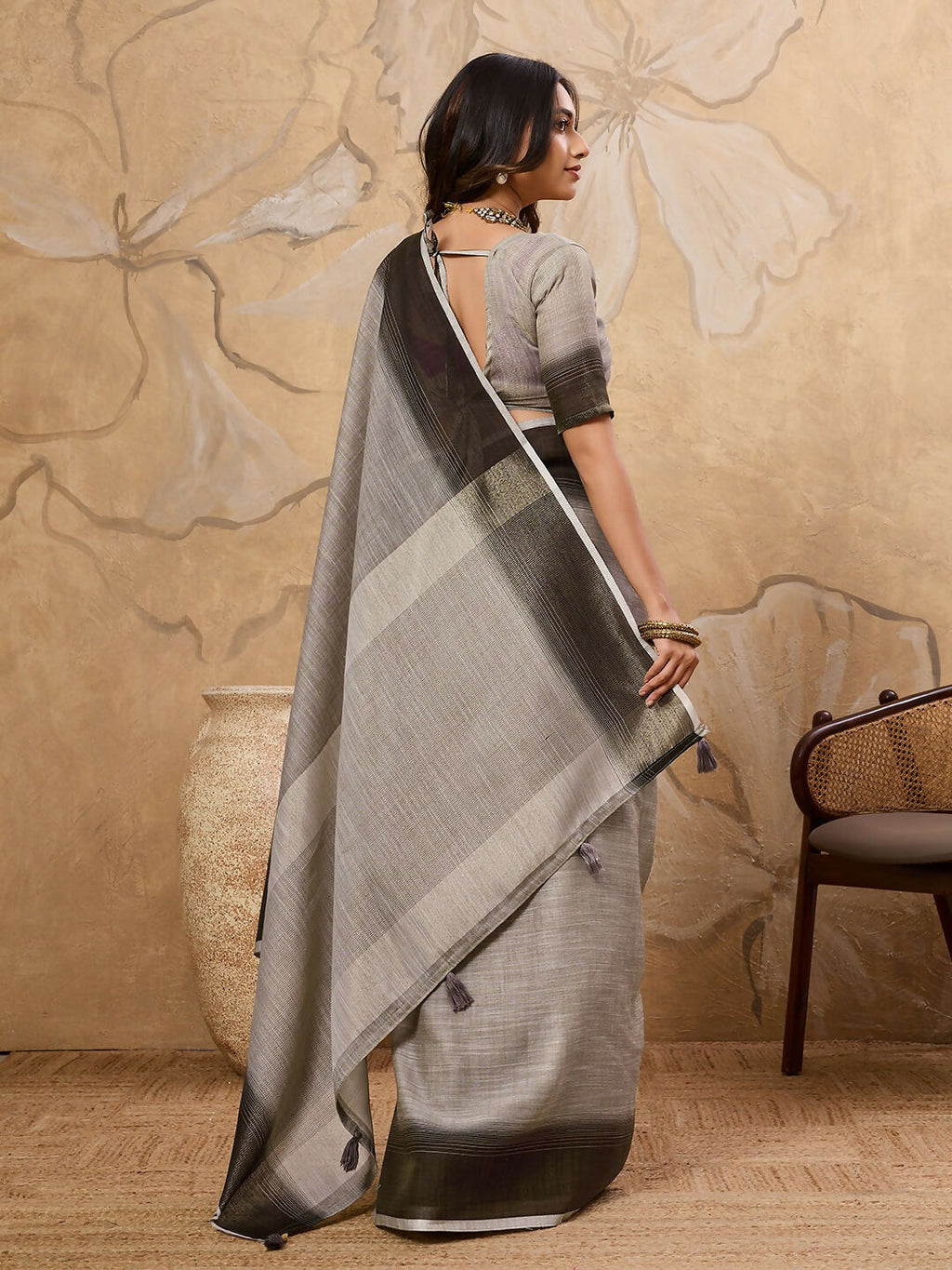 Shree Shyam Fashion Charcoal Grey Linen Saree - Distacart