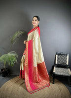 Joban Fashion Cream Banarasi Soft Silk Woven Saree - Distacart