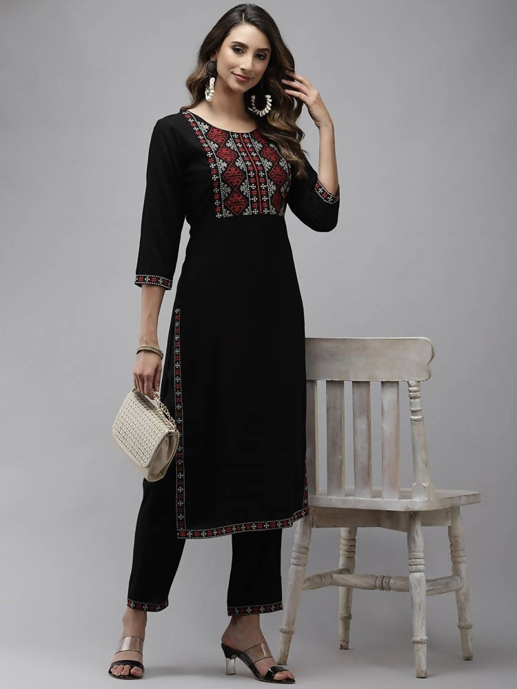 Yufta Women Black Yoke Design Thread Work Kurta with Trouser