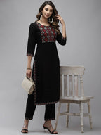 Yufta Women Black Yoke Design Thread Work Kurta with Trouser