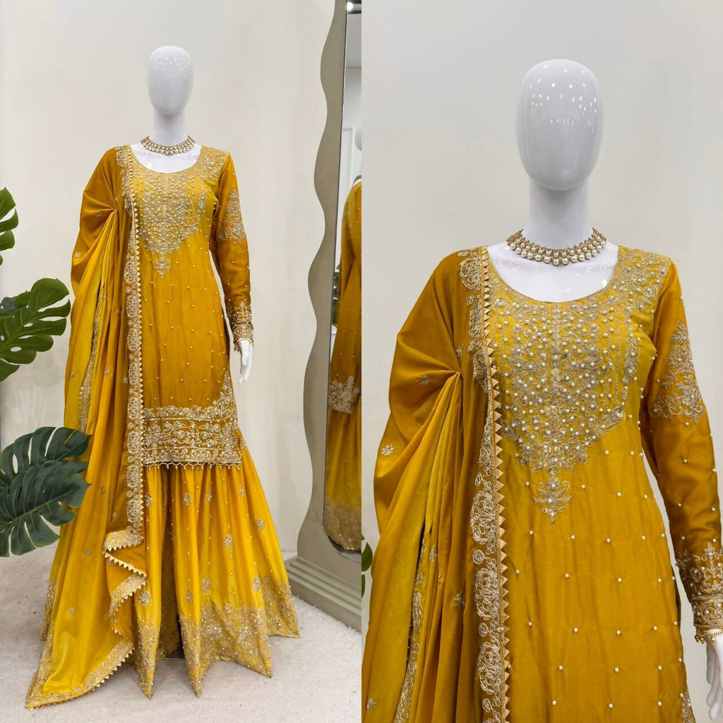 The52 Women's Beautiful Chinon silk Fabric Embroidery Work Straight Kurta Palazzo and Dupatta Set - Distacart