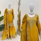 The52 Women's Beautiful Chinon silk Fabric Embroidery Work Straight Kurta Palazzo and Dupatta Set - Distacart
