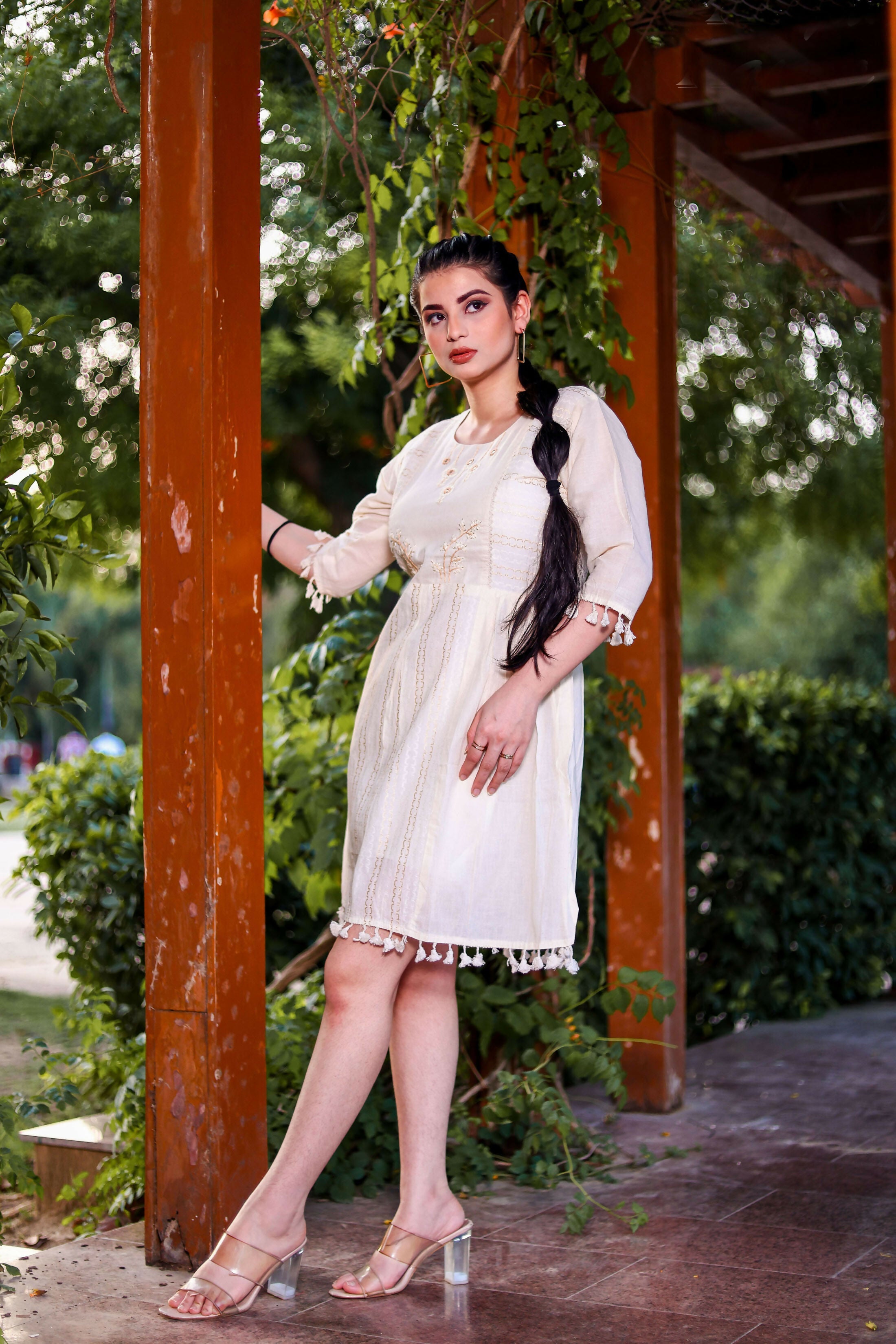 Aayaa Designer Multi Thread Hand Work Khadi Cotton One Piece Dress - Off White
