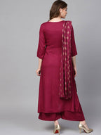 Yufta Women Burgundy Solid Kurta with Palazzo & Dupatta
