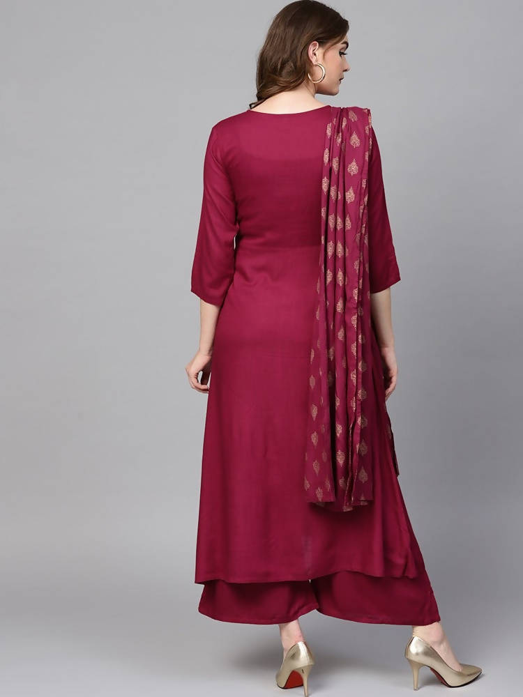 Yufta Women Burgundy Solid Kurta with Palazzo & Dupatta