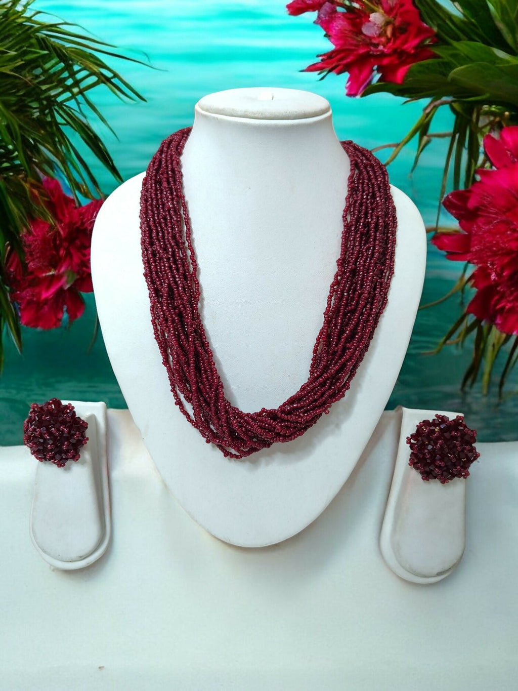 Inhanns Vibrant Handmade 20 Layers Beaded Necklace With Matching Earrings - Maroon