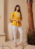 Juniper Mustard Striped Cotton Tunic With Thread Work And Button Detailing