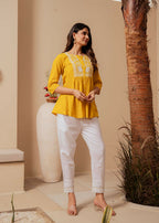 Juniper Mustard Striped Cotton Tunic With Thread Work And Button Detailing