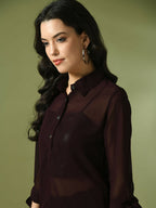 Myshka Women's Coffee Brown Solid Georgette Longline Party Sheer Tunic