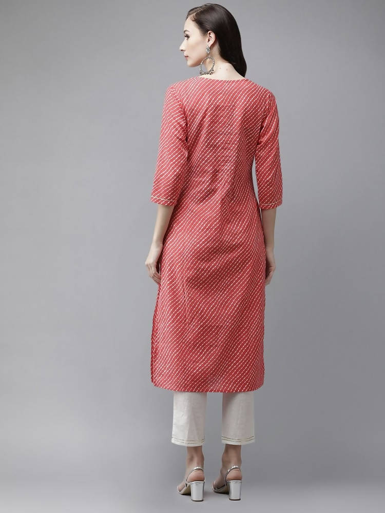 Yufta Red and White Bandhani print Kurta with Trouser Set