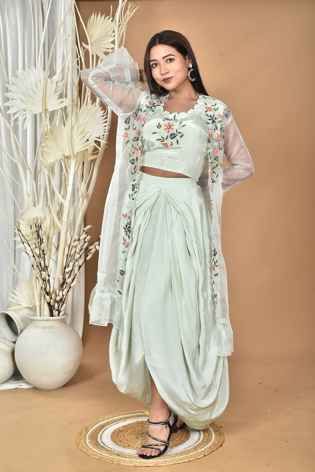 Morchari Women Hand Embroidery Crop Top-Sea Green