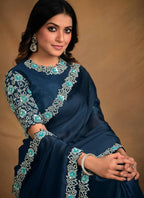 Navy Blue Satin Silk Georgette Designer Saree with Unstitched Blouse - Norita Mahitha