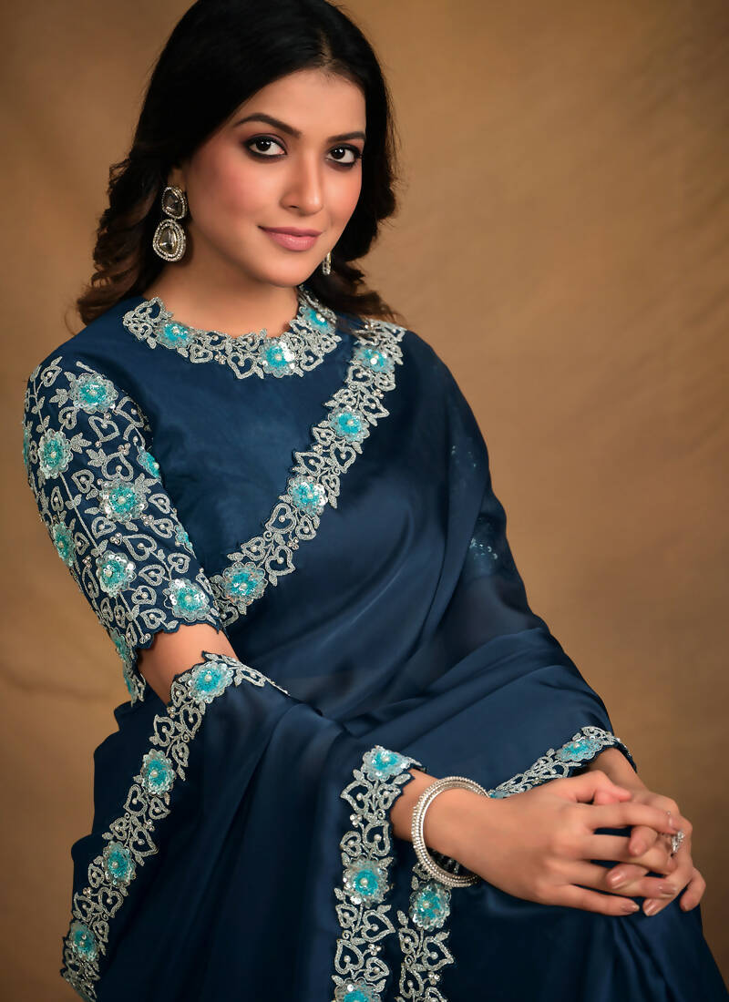 Navy Blue Satin Silk Georgette Designer Saree with Unstitched Blouse - Norita Mahitha