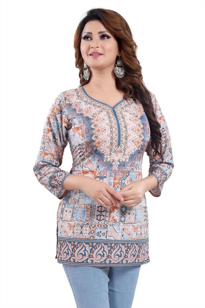 Snehal Creations Phenomenal Blue Faux Crepe Printed Tunic Top