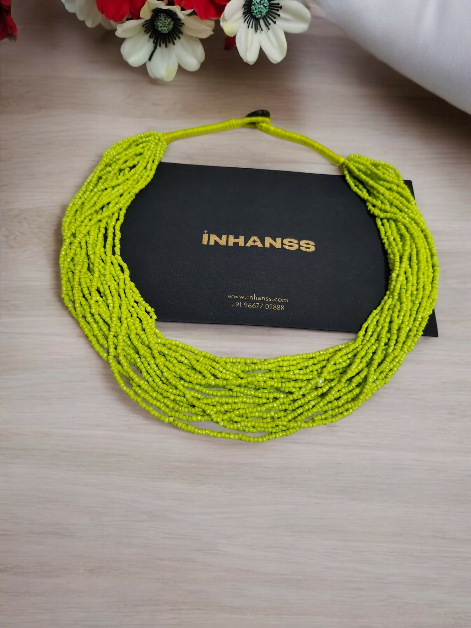 Inhanns Vibrant Handmade 20 Layers Beaded Necklace With Matching Earrings - Neon Green