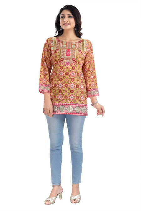 Snehal Creations Yellow Faux Crepe Short Kurti Tunic Top