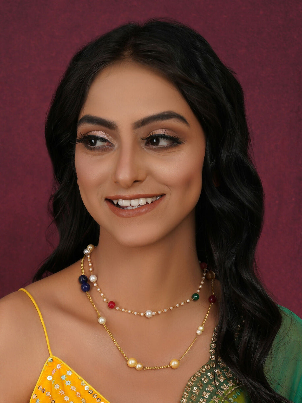 Layered Pearl and Gold Neckpiece with Multi Stones (Multi Color) - Ruby Raang