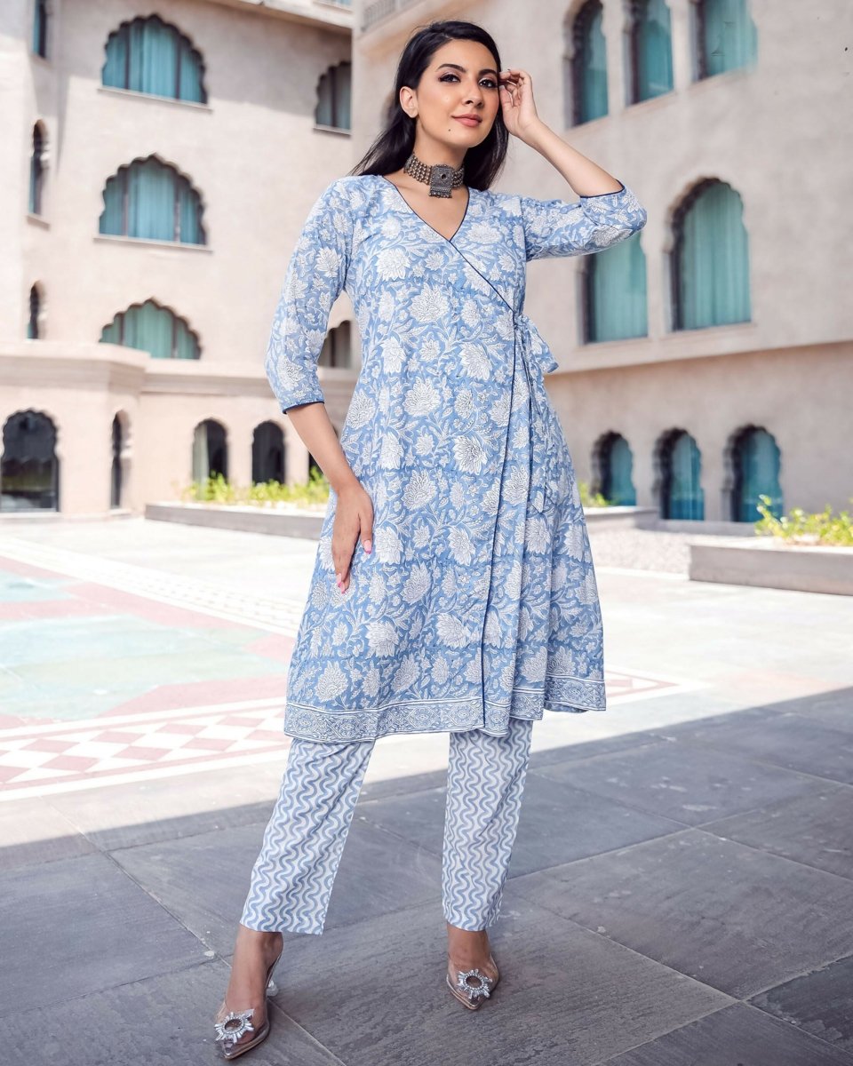 Aayaa Pure Muslin printed Kurti & Pant - Sky blue