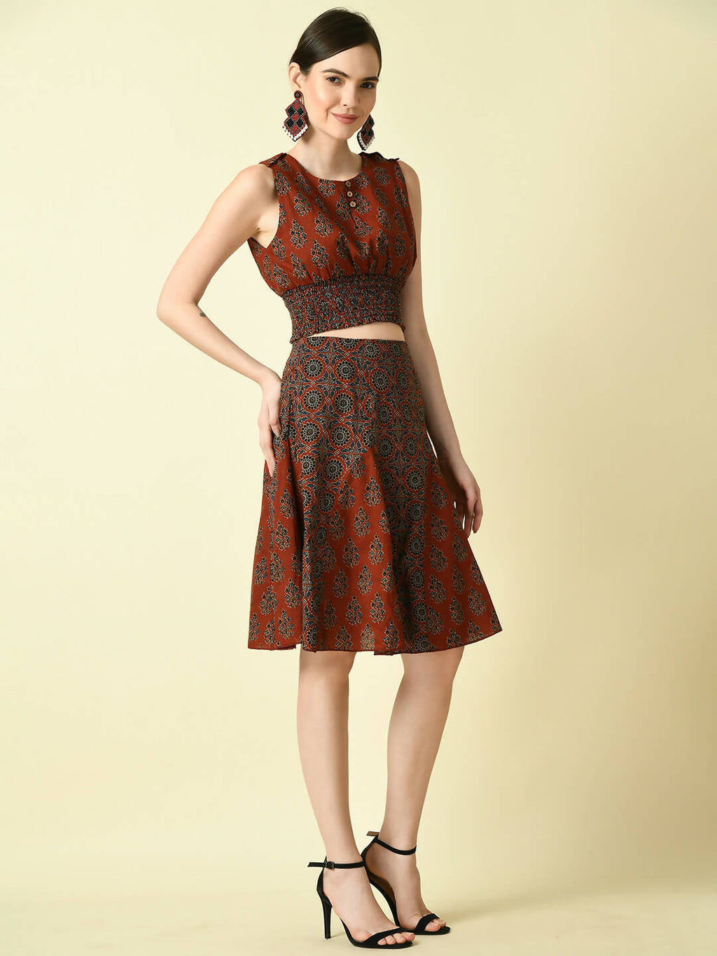 Myshka Women's Rust Ethnic Motifs Printed Top