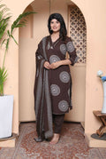 Miravan Womens Animal Print Cotton Brown Stitched Kurta Palazzo With Dupatta Set - Distacart