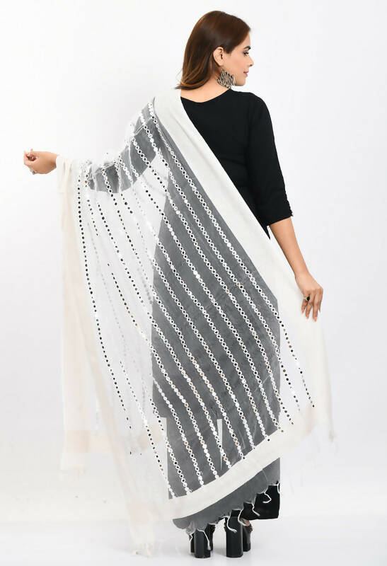 Mominos Fashion Moeza Women's Orgenza Mirror Stripe Thread Work White Dupatta - Distacart