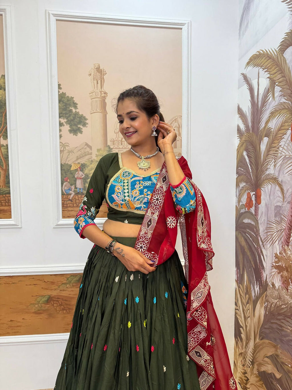 Teeya Creation Green Colour Rayon Silk Embroidery Work Fully Stitched Navratri Lehenga