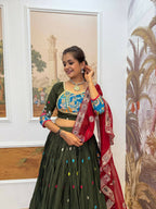 Teeya Creation Green Colour Rayon Silk Embroidery Work Fully Stitched Navratri Lehenga