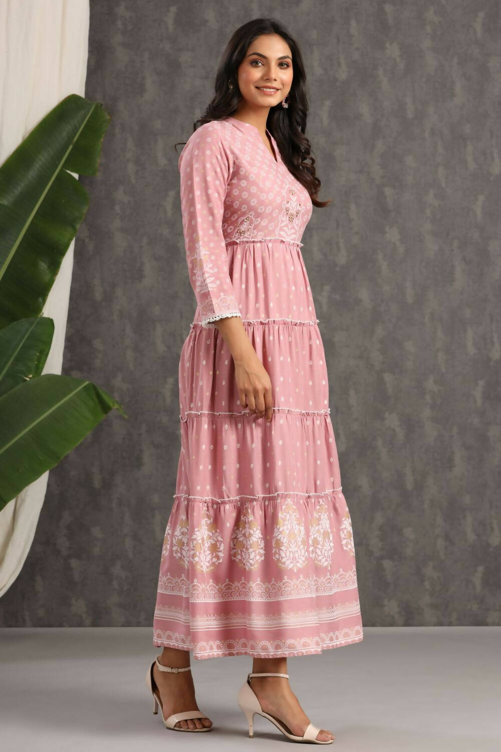 Juniper Womens Onion Pink Rayon Foil Printed Tiered Dress - Distacart