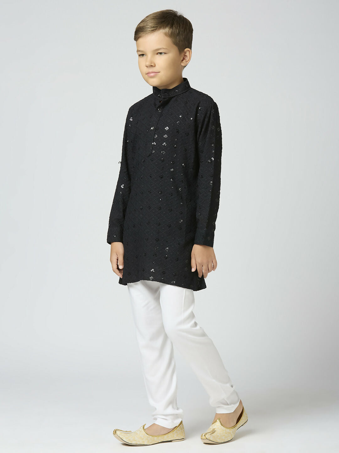 Joban Fashion Kids Island Full Sleeves Cotton Kurta and Pyjama Set with Sequin work - Black - Distacart