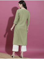 Cheera Women Stylish Hand Block Printed Cotton Blend Flared Kurta - Olive Green