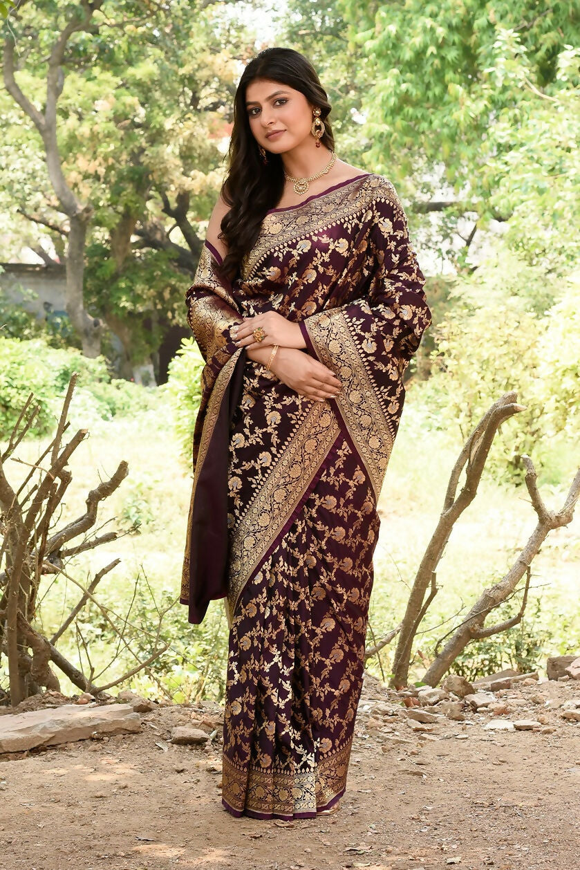Joban Fashion Plum Purple Banarasi Soft Pure Handloom Banarasi Silk Saree