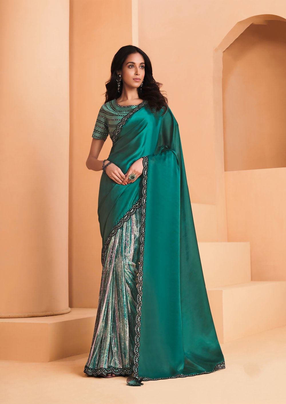 Sea Green Satin Crepe Silk Embroidery with Digital Sequence Work Saree - Norita Helly
