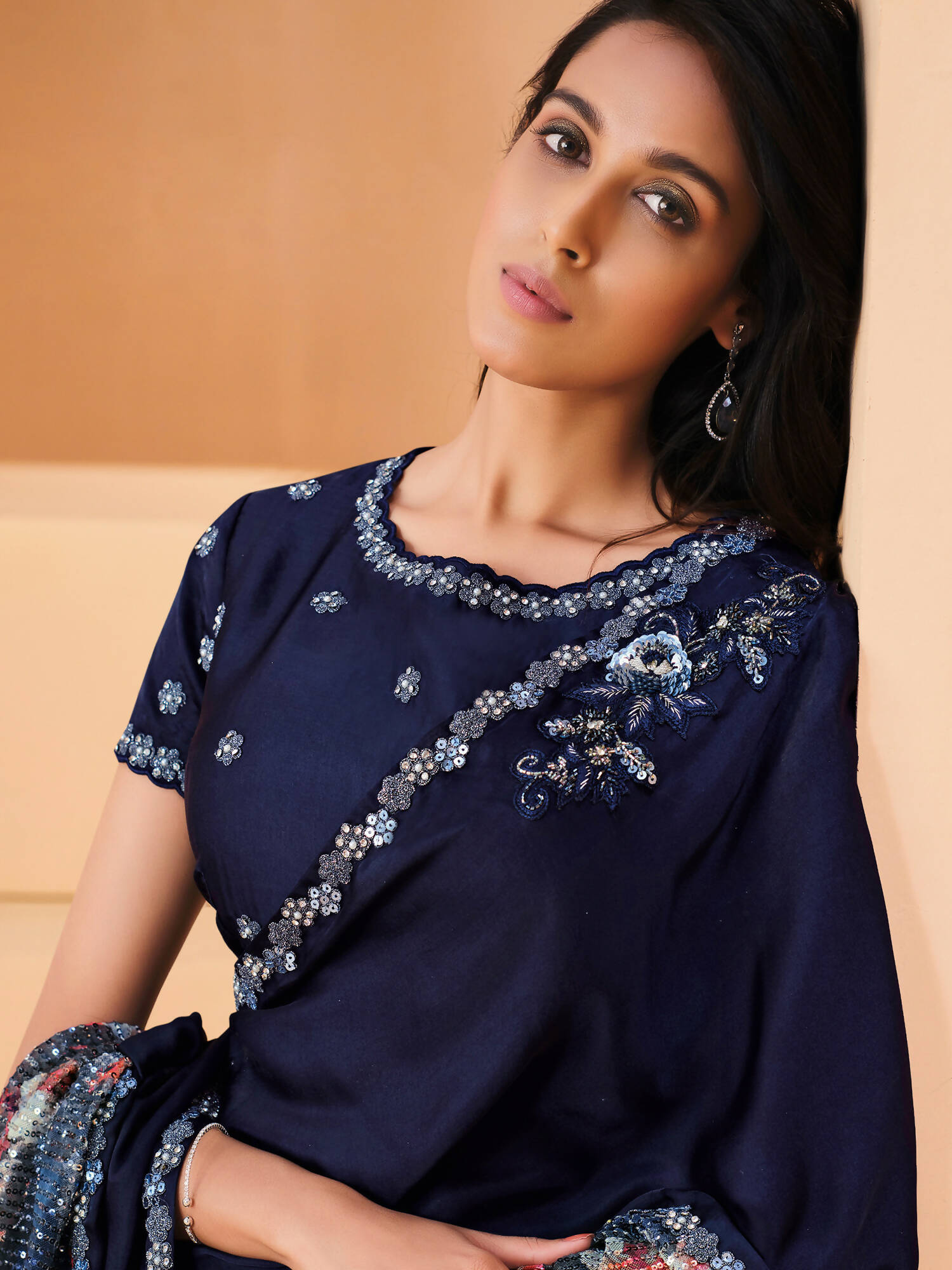 Blue Satin Crepe Silk Sequence Embroidered Saree With Unstitched Blouse - Mohmanthan Yavanika
