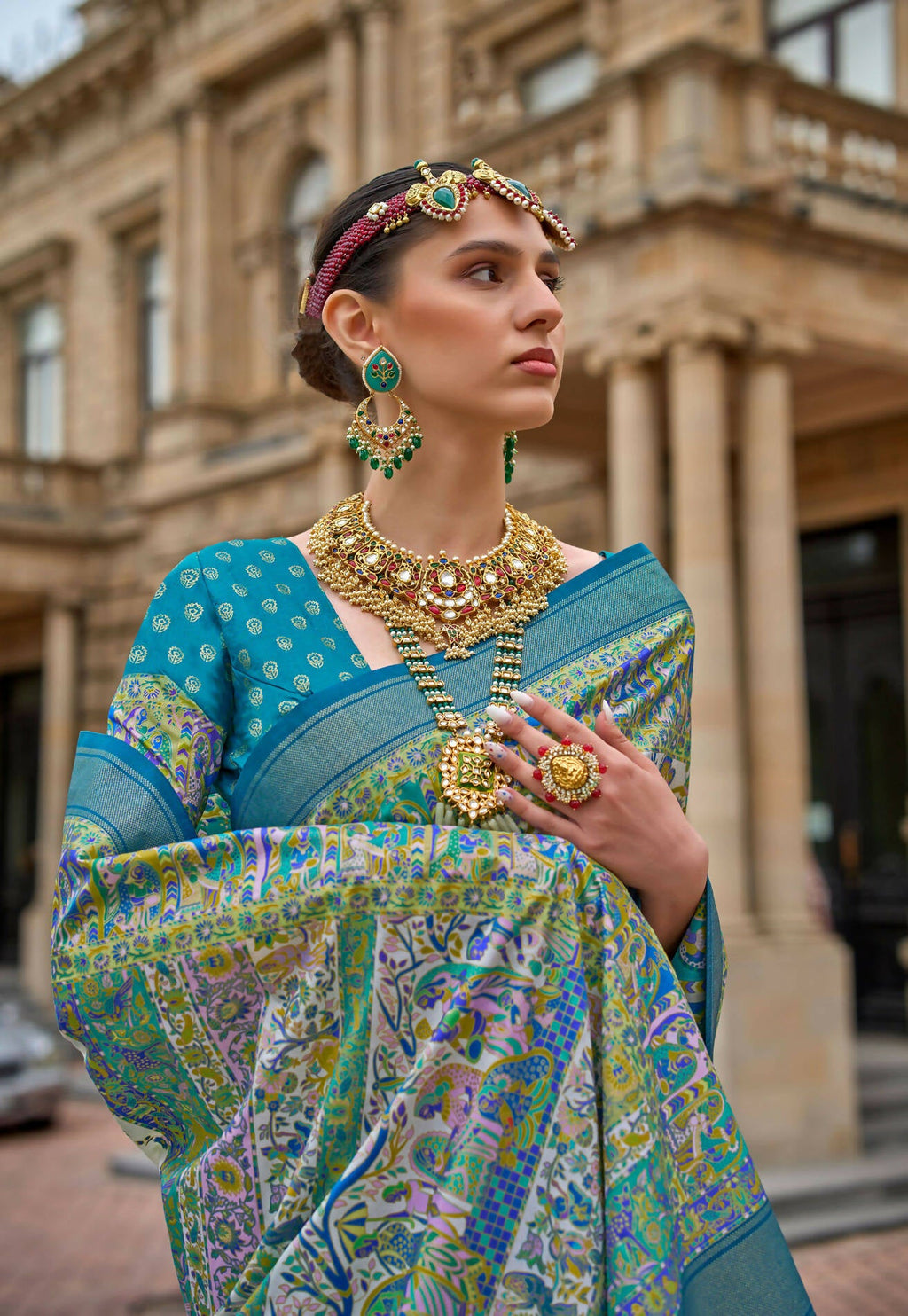 Keppel Blue & White Superior V.P.Silk Woven Printed Patola Silk Saree - Rewaa Milano